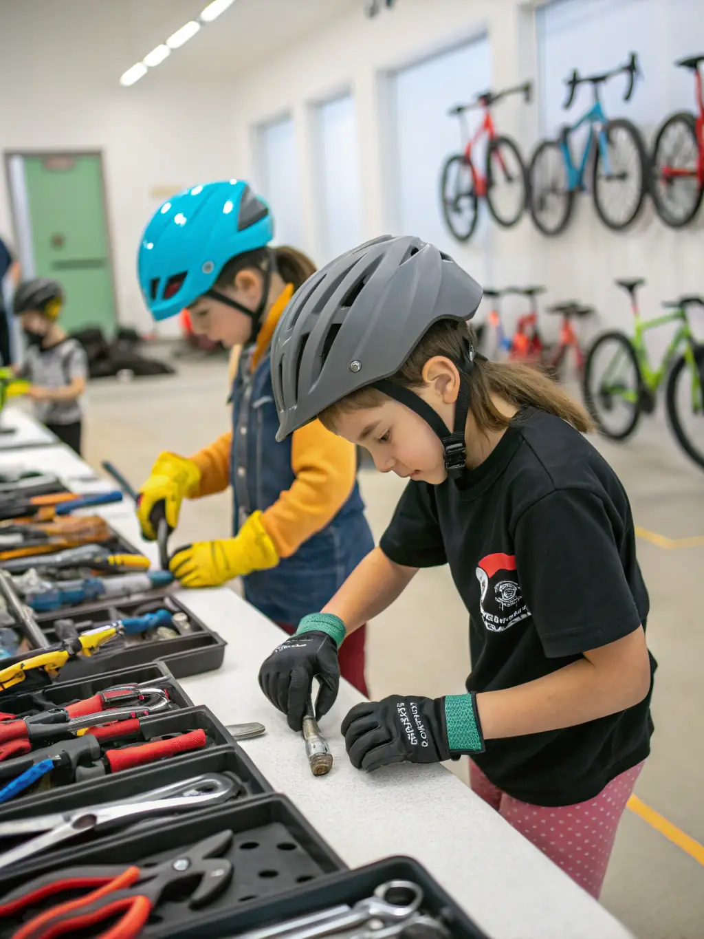 A workshop session where experienced cyclists are demonstrating bike maintenance techniques to a group of participants in a well-lit community center.