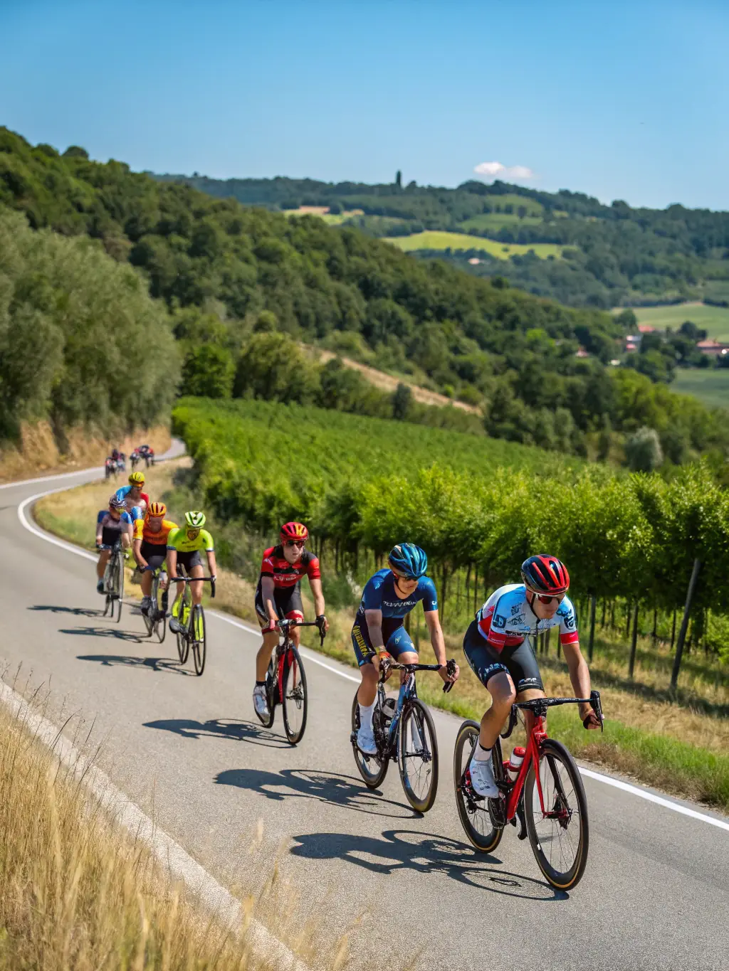 A diverse group of cyclists participating in a leisurely community ride through the countryside around Veynes, emphasizing inclusivity and fun.
