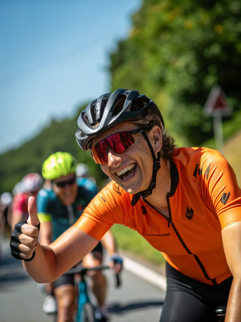 A cyclist wearing CCV branded gear, smiling and giving a thumbs up, with a well-maintained bicycle, symbolizing the club's commitment to quality and safety.
